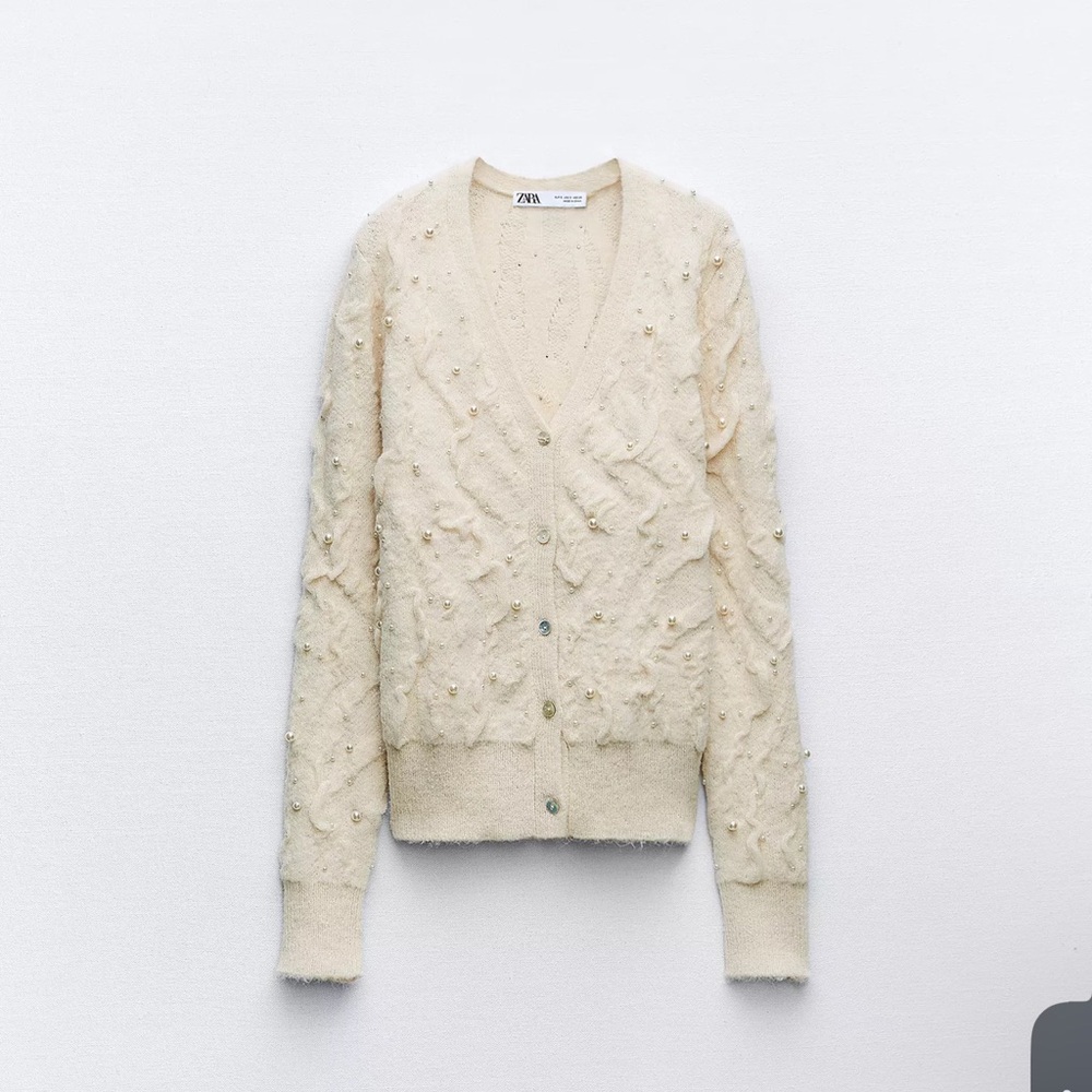 Zara Cream PEARL TEXTURED KNIT CARDIGAN